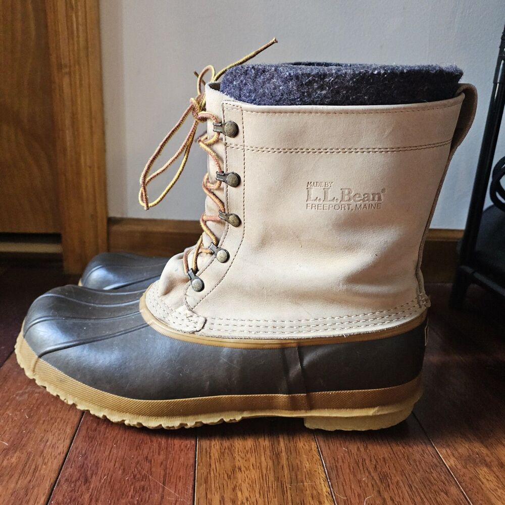 Vintage LL Bean Mens Maine Hunting Shoe Duck Boots Mens Sz 14 Leather Wool Lined - Picture 3 of 11